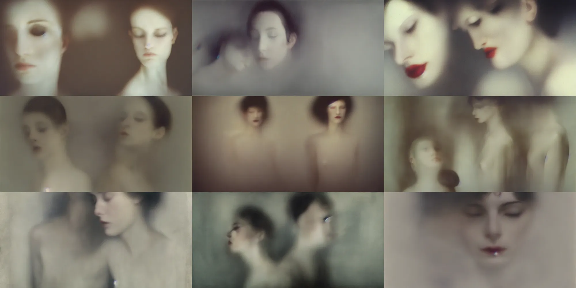 Prompt: out of focus photorealistic portrait of beautiful aesthetic pale women and men by sarah moon, very blurry, translucent white skin, closed eyes, foggy