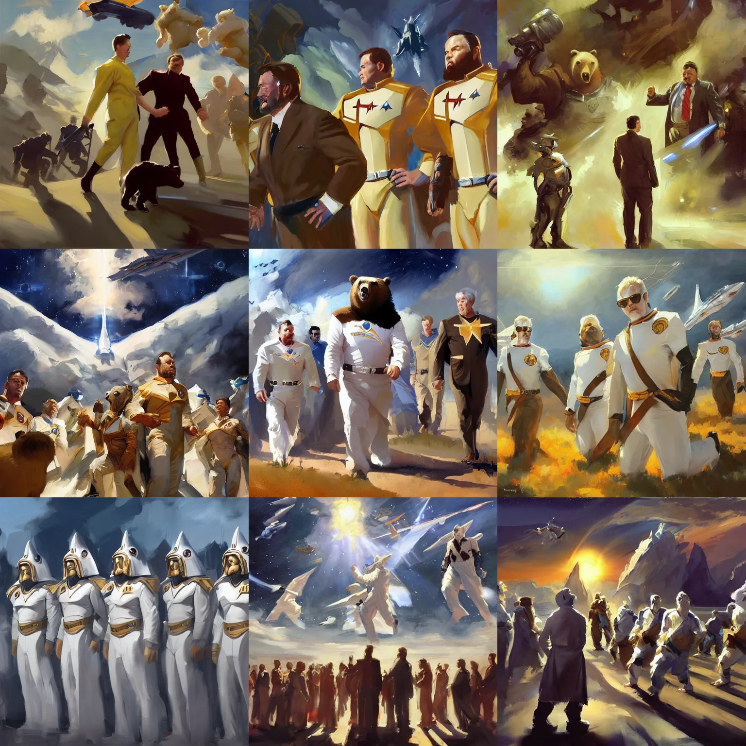 Prompt: artwork by greg manchess, craig mullins, and brad rigney, rich white televangelists and bears asecending into heaven, starfleet uniforms, artstation, masterpiece, high detail, wide camera angle
