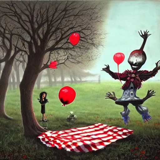 Image similar to grunge painting of a picnic with a wide smile and a red balloon by chris leib, loony toons style, pennywise style, corpse bride style, horror theme, detailed, elegant, intricate, conceptual, volumetric light