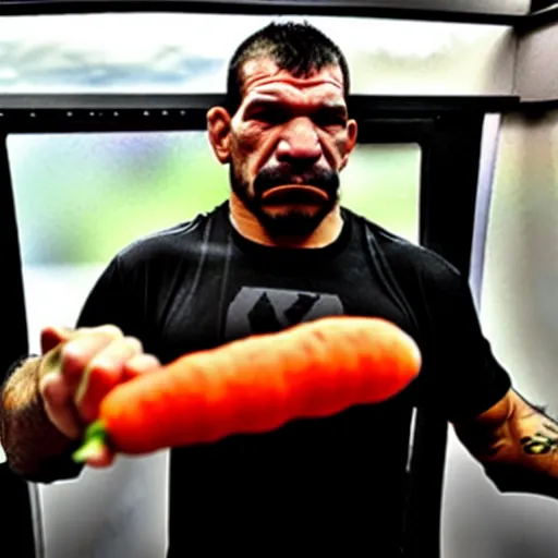 Image similar to antonio rodrigo nogueira holds a single carrot, and antonio rogerio nogueira has his hand on the bus behind them ; photo