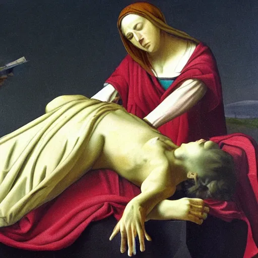 Prompt: a detailed oil painting of The Pieta, by Cravaggio but performed by rabbits