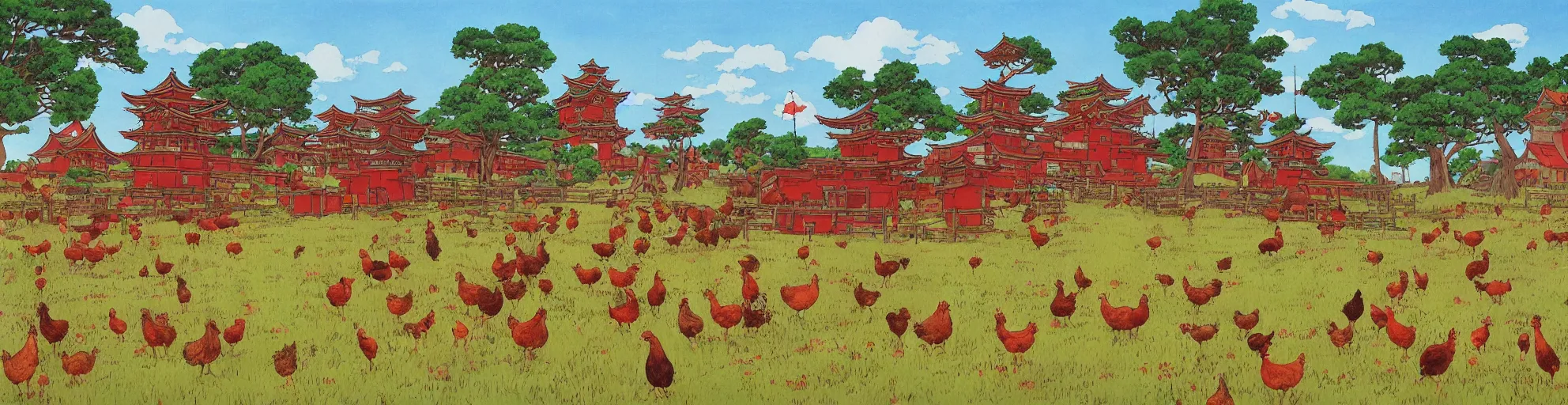 Image similar to big red and brown japanese fort in a meadow with chickens by studio ghibli painting