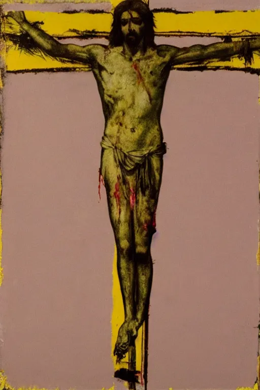 Image similar to bloody jesus christ crucified, yellow sky painted by andy warhol and cy twombly