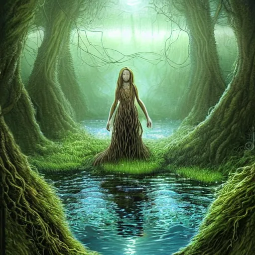 Image similar to beautiful digital fantasy illustration of A woody green field with a stream running through it, with a group of dryad women standing in the water. They seem to be preparing to submerge themselves in the cool, clear waters of the stream. a creepy creature standing in front of a mirror!, concept art by Alex Horley-Orlandelli!!, cgsociety contest winner!!!, cgsociety, fantasy art, highly detailed, soft lighting, rendered in octane, masterpiece, very very very aesthetic