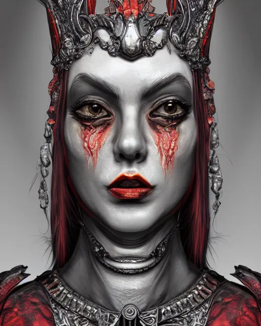 Image similar to Fantasy character portrait of distorted detailed painting of a queen woman made of grey stone, hyper detailed, red flames, trending on Artstation, 8k resolution, full HD, cinematic lighting, award winning, anatomically correct