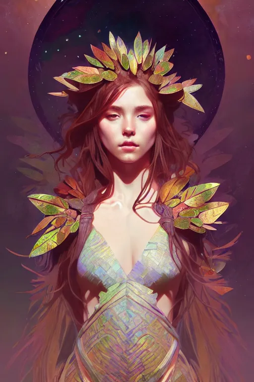 Prompt: beautiful ancient girl in makeshift leaf armor, deep space, another world, highly detailed, digital painting, artstation, sharp focus, illustration, art by tan zi and ayanamikodon and alphonse mucha and wlop
