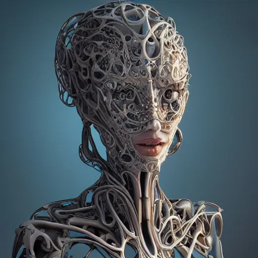 Image similar to beatifull frontal face portrait of a woman, biomechanical sculpture, mandelbrot fractal, intricate, elegant, highly detailed, ornate, elegant , luxury, beautifully lit, ray trace, octane render in the style of Gerald Brom and James gurney