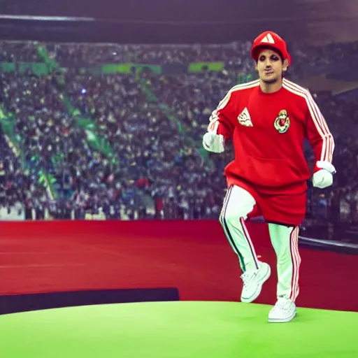 Prompt: super mario wearing an adidas tracksuit