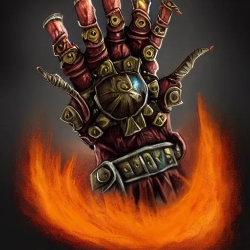 Image similar to warrior Gauntlet fist, war theme gauntlet fist, fantasy gauntlet of warrior, armored gauntlet fingers, fiery coloring, epic fantasy style art, fantasy epic digital art, epic fantasy weapon art