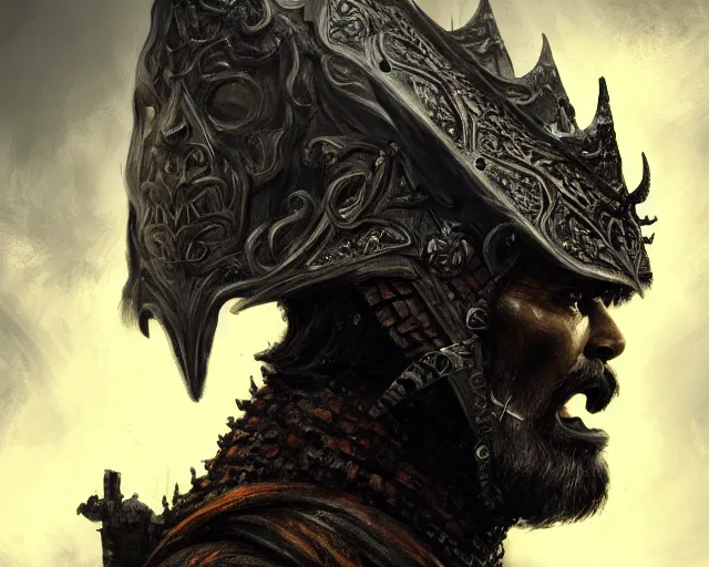 Image similar to realistic side view painting of a king in the mountain, angry, beautiful face, black iron armour, sword, lava, dramatic lighting, intricate, wild, highly detailed, digital painting, artstation, concept art, smooth, sharp focus, illustration