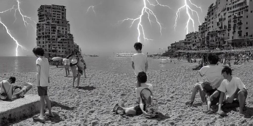 Image similar to wholesome animation studio Ghibli of young guys on the beach in the city of Genova. Sharp bloom dramatic lightning. Sunny day.