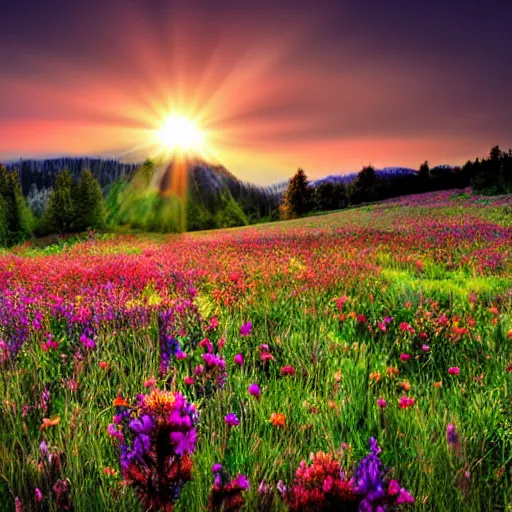 Prompt: beatiful meadow with colorful flowers, sun set –n 4 –i