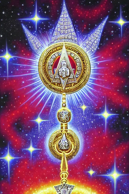 Prompt: a photorealistic detailed image of an ornate embellished adorned in jewels and diamonds, sacred magic key, spiritual evolution, science, divinity, utopian, triumphant, cinematic, mathematics, futuristic, by jason felix, david a. hardy, kinkade, lisa frank, wpa, public works mural, socialist