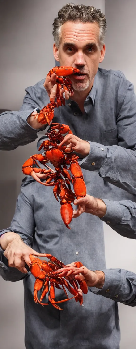 Prompt: jordan peterson holds lobsters in his hands and there are medical pills covering the floor