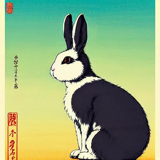 Prompt: a bunny rabbit standing up, by studio ghibli painting, An aesthetically pleasing, dynamic, energetic, lively, well-designed digital art of a bunny rabbit standing up, overlaid with aizome patterns, by Ohara Koson and Thomas Kinkade, traditional Japanese colors, superior quality, masterpiece