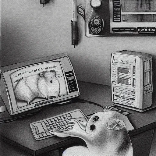 Prompt: guinea pigs working on tiny computers, pencil drawing, detailed, hyper-detailed, in the style of Wanda Gág