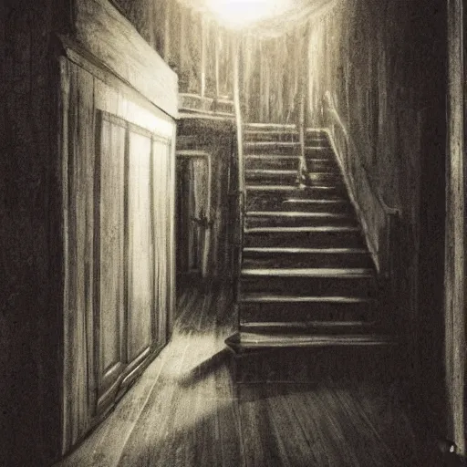 Image similar to inside a haunted house at night, scary, hyperrealism