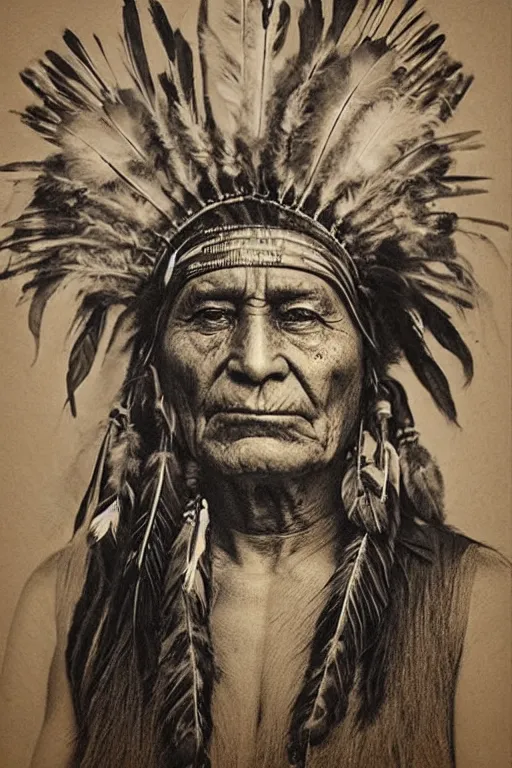 Image similar to “Native American indian, chief sitting bull, portrait, wearing headdress with feathers, pain and sadness on his face, drawn with charcoal pencil, ancient”