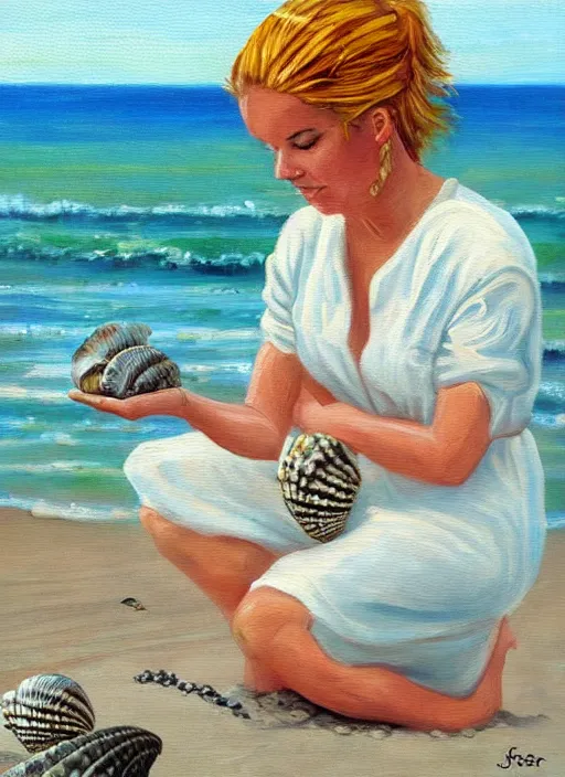 Image similar to she sells sea shells by the sea shore; painting by John foster.