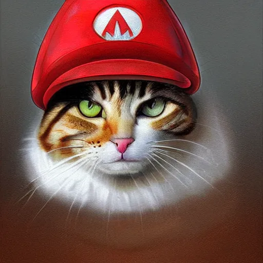 Image similar to Portrait of a Cat dressed as Super Mario, Mario hat, nintendo, highly detailed, digital painting, artstation, concept art, smooth, sharp focus, illustration, art by artgerm and greg rutkowski and alphonse mucha