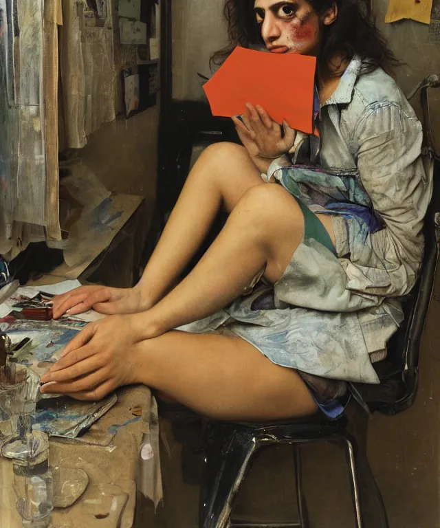 Image similar to a color photograph of persian young woman in her workplace, by nan goldin, out of place, intense, bold, exaggerated, over proportion, painted over by jenny saville, hyperrealistic, ultra sharp, extra details, ultra high quality,