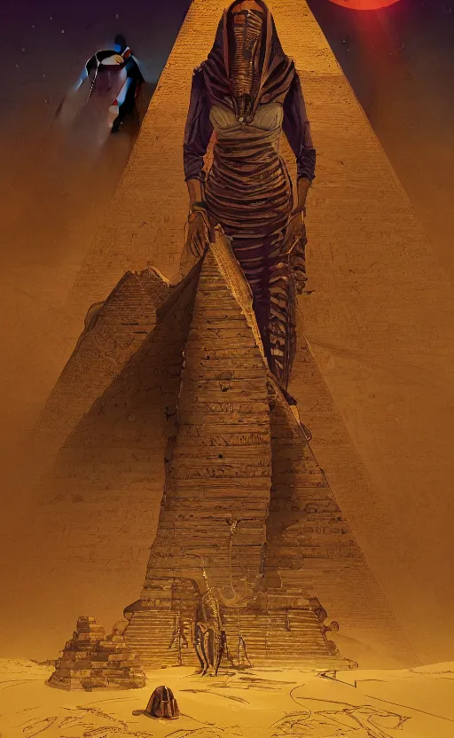 Image similar to the mummy, egypt, pyramid, bioluminance, treasure, greenery, brush strokes, heavy paint, portrait, rim light, fresh colors, gradients, highly detailed, digital illustration, concept art, smooth, sharp focus, pleasing aesthetics, josan gonzalez, michael dante dimartino, simon stalenhag, print