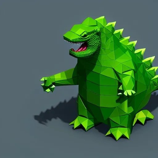 Prompt: isometric diorama of a cute green godzilla, low poly