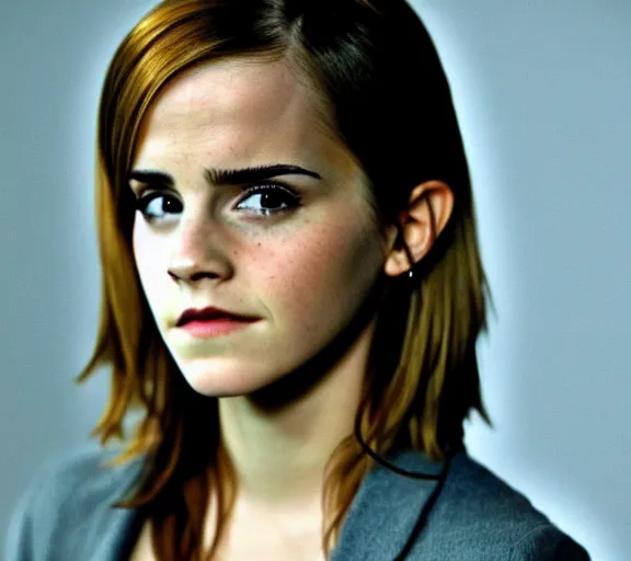 Prompt: color still shot of emma watson as buffy the vampire slayer, face closeup,