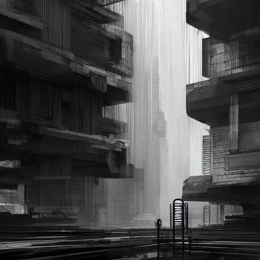 Image similar to a moody black and white neo noir film still of futuristic architecture intricate complexity, by greg rutkowski, artgerm, ross tran, conrad roset, takato yomamoto, ilya kuvshinov. 4 k, beautiful, cinematic dramatic atmosphere