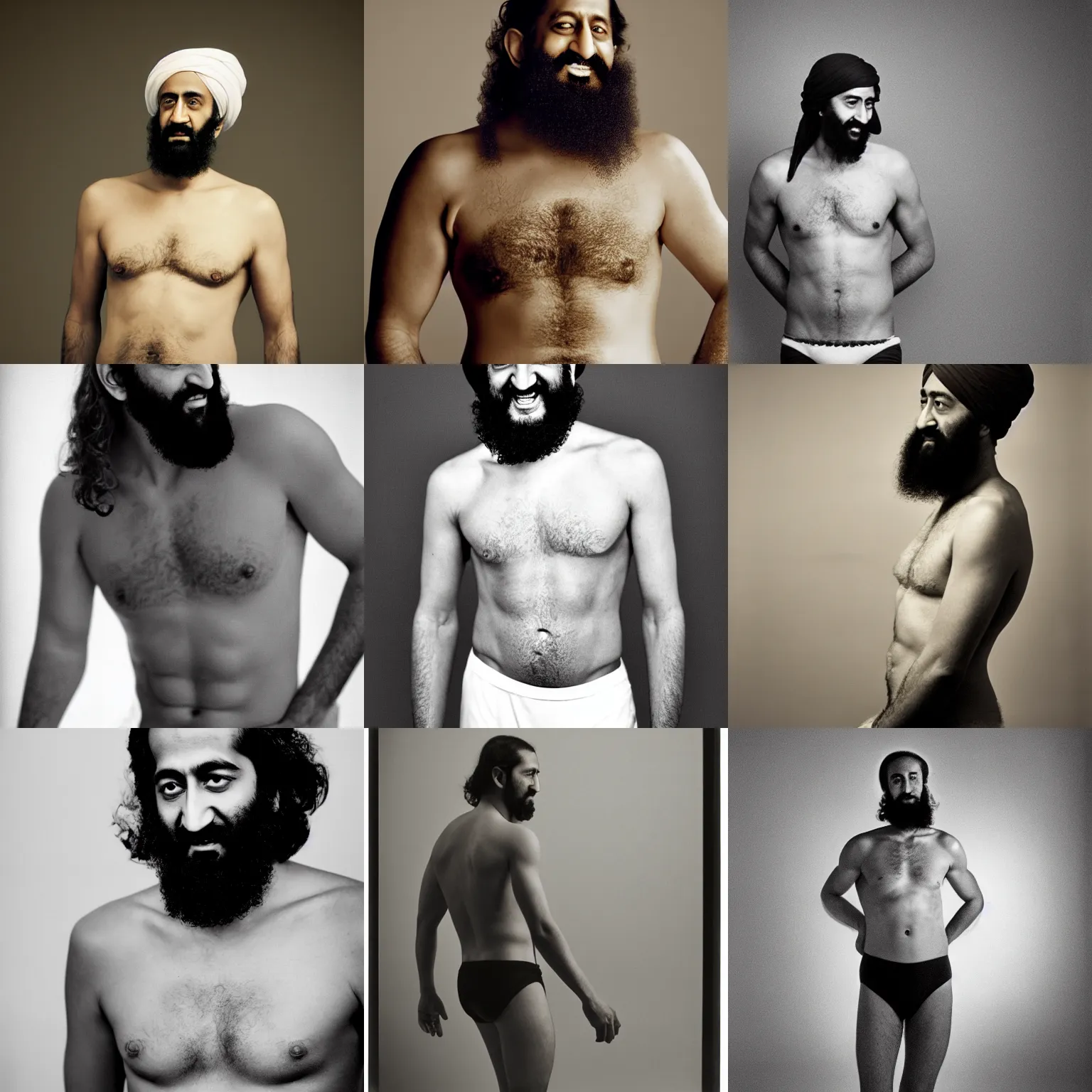 Prompt: Photo of Osama Bin Laden in swimsuit, soft studio lighting, photo taken by Anne Liebovitz for Abercrombie and Fitch, award-winning photograph, 24mm f/1.4