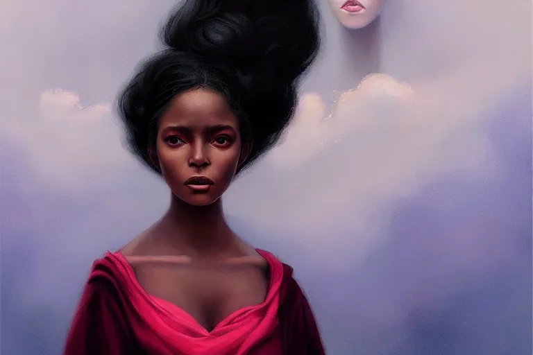 Image similar to ☁🌪🌙👩🏾, soft elegant gown, neon god of city character portrait, in the style of margaret keane, moebius, tom bagshaw, and waterhouse, cinematic lighting, beautiful, elegant, oil painting,