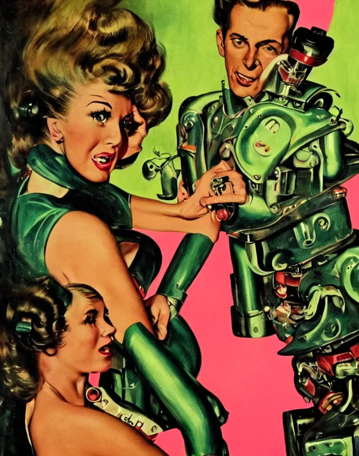 Prompt: a female housewife!!!! being hugged by a manly metal - suited!!! robot!!!!, 1 9 5 0 s horror film movie poster style, ( norman rockwell oil painting ), close - up, tight shot, retro science fiction, vintage, saturated pink and green lighting, shadowy lighting, cohesive!!, photogenic!!