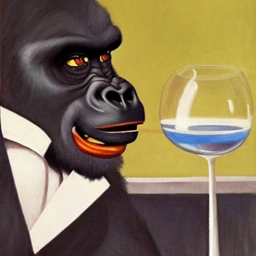 Prompt: a gorilla takes you out for a nice dinner by Raphael, Hopper, and Rene Magritte. detailed, romantic, enchanting, trending on artstation.