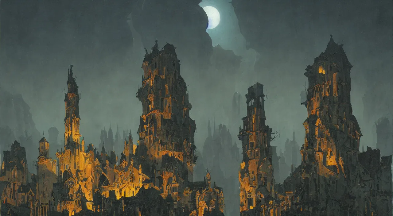 Prompt: a high contrast painting of a flooded ancient tower at night by roger dean simon stalenhag carl spitzweg jan van eyck audubon rene magritte max ernst, full-length view, highly detailed, vibrant colors, extremely high contrast!, symmetry, great composition, high detail, cinematic lighting, award winning masterpiece, trending on artstation