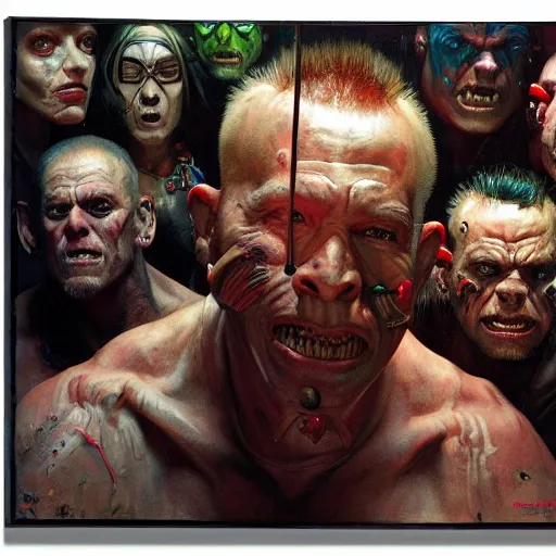 Image similar to cyberpunk orcs, rule of thirds, cinematic lighting, by chuck close, by norman rockwell, hyperrealistic photorealism acrylic on canvas, hyper detailed, mohawk.