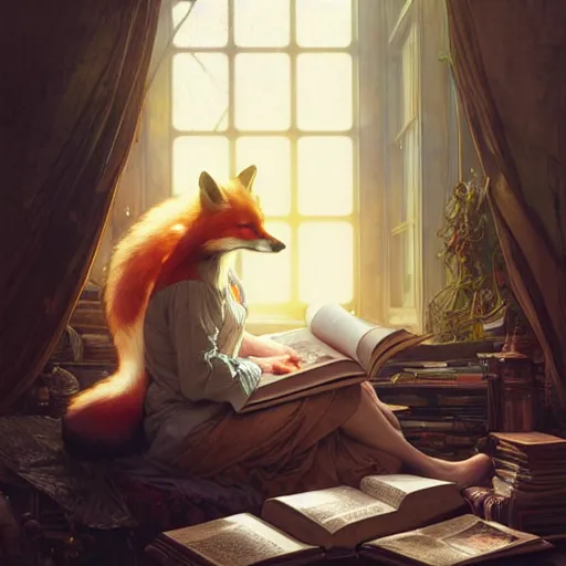 Image similar to Portrait of a girl in cluttered windowed study, reading a book while light streams in through the skylight, her pet fox sleeping beside her, fantasy, intricate, elegant, highly detailed, digital painting, artstation, concept art, smooth, sharp focus, illustration, art by Krenz Cushart and Artem Demura and alphonse mucha