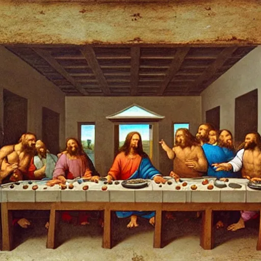 Prompt: neanderthals enacting the last supper by leonardo da vinci, jesus in the middle