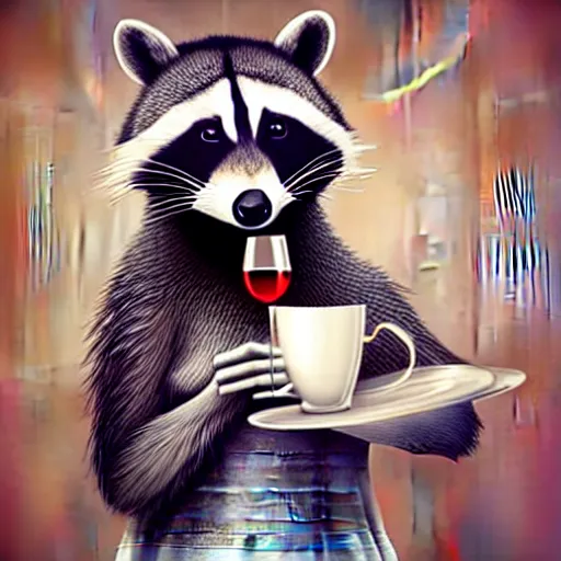 Prompt: a photorealistic racoon wearing an elegant night gown holding a cup of wine