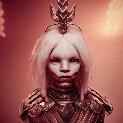 Image similar to albino girl in a ornated armor pagan facepaint, dynamic pose, detailed, photograph, award wining, red and white, trending on artstation, 4 k, unreal engine 5, octane render, neon highlights