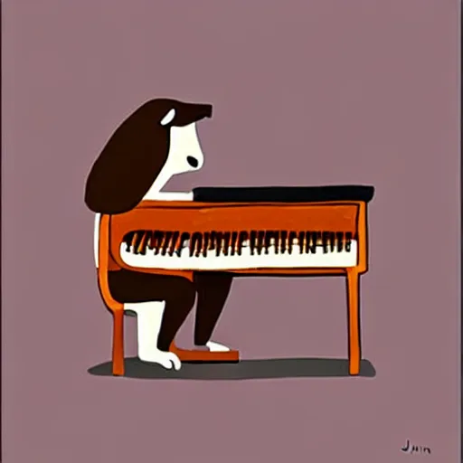 Image similar to a brown spaniel with a white chest , sat down playing a grand piano.modern. book illustration, lighting, sketched. Artwork. Jean Jullien dtyle