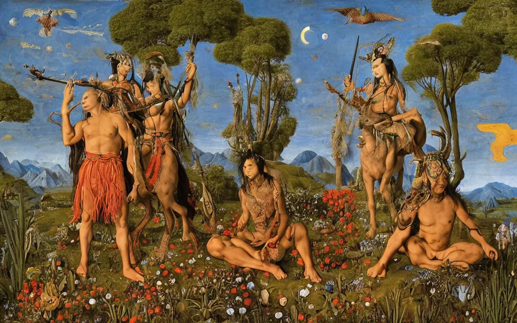 Image similar to a portrait photograph of a meditating shaman and a centaur monk riding a harpy and hunting at a river delta. surrounded by bulbous flowers and trees. mountain range under a blue sky of fiery stars. by jan van eyck, max ernst, ernst haeckel, ernst fuchs and artgerm, cgsociety, fashion editorial, 8 k