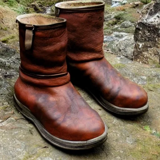 Image similar to a concept art of a well used brown leather boots for walking in the mountain