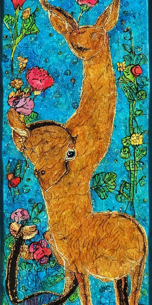 Image similar to tiny golden deer singing, children's book illustration, traditional folk art style, highly reliefed mixed media collage, outsider art, tarot card