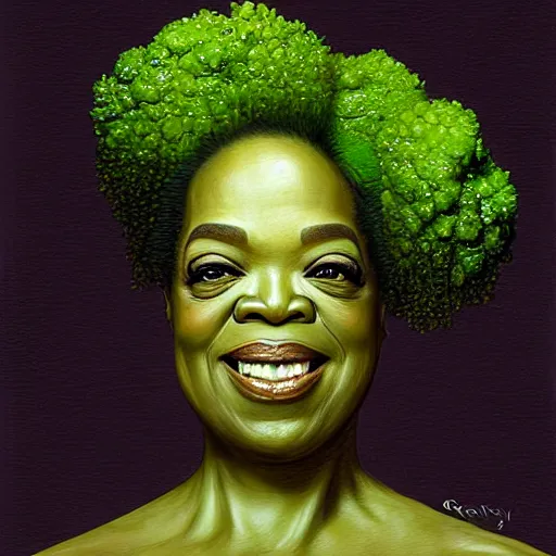 Image similar to a dish of oprah winfreys face fused with okra veg with green stalky ( ( green oprah winfrey's face ) ), oprah okra winfrey sentient veg, by greg rutkowski