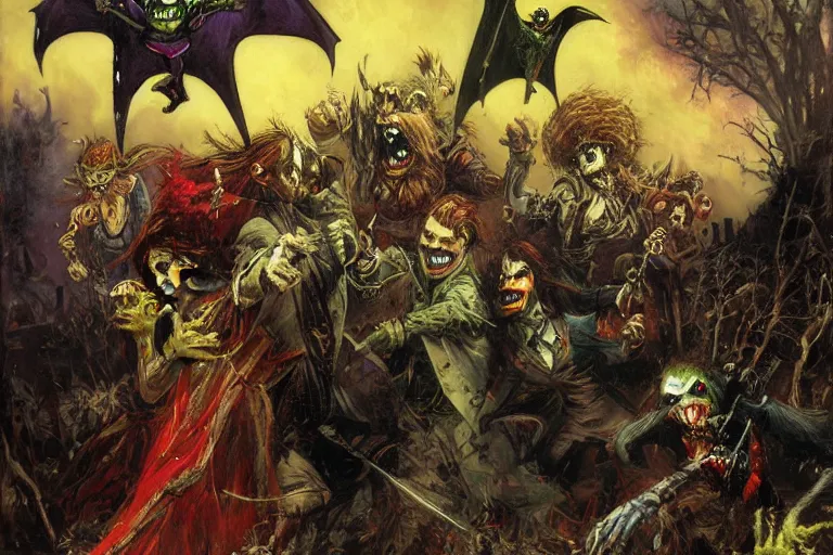 Prompt: vampire muppet batman and zombie robin vs. joker van helsing. art by gaston bussiere.