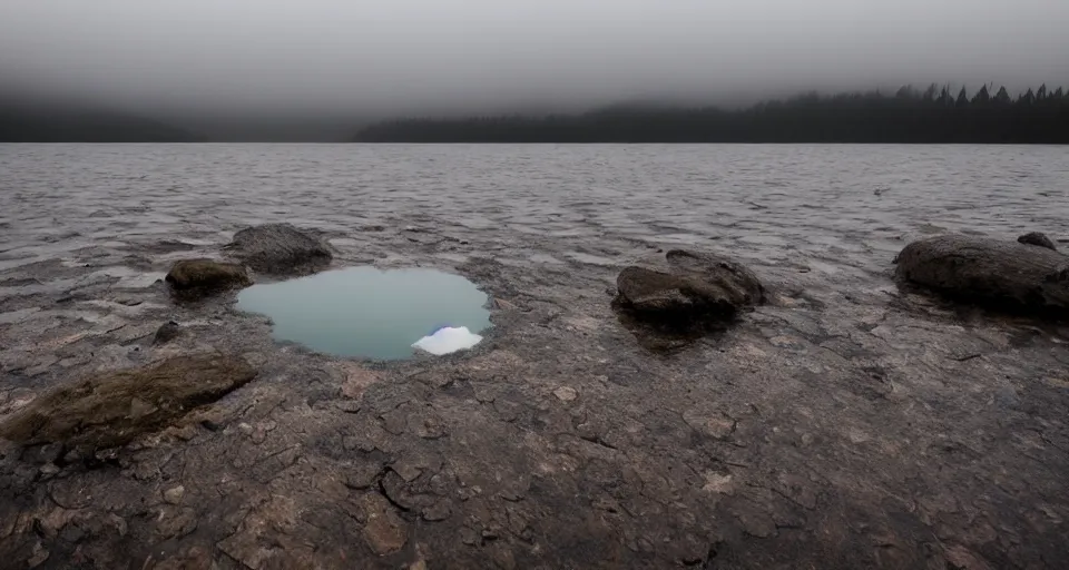 Prompt: extreme low angle camera lens partially submerged in water showing the surface of a lake with a rocky lake shore in the foreground, hexagonal rocks, geometric rocks, scene from a film directed by charlie kaufman ( 2 0 0 1 ), foggy volumetric light morning, extremely moody, cinematic shot on anamorphic lenses