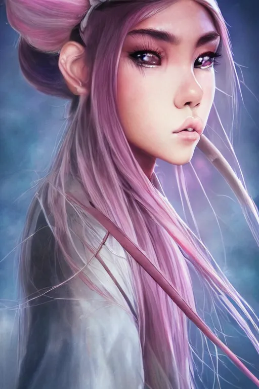 Image similar to highly detailed beautiful photo of madison beer as a young female samurai, practising sword stances, symmetrical face, beautiful eyes, pink hair, realistic anime art style, 8 k, award winning photo, pastels colours, action photography, 1 / 1 2 5 shutter speed, sunrise lighting