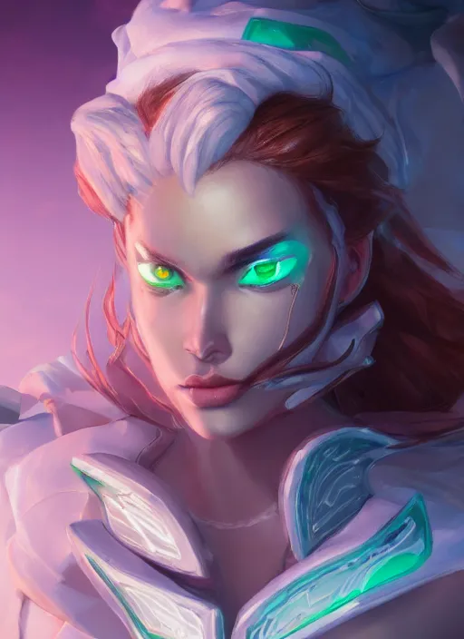 Image similar to senna from league of legends, au naturel, hyper detailed, brown skin, glowing green neon eyes, wearing white hood, digital art, trending in artstation, cinematic lighting, studio quality, smooth render, unreal engine 5 rendered, octane rendered, art style by klimt and nixeu and ian sprigger and wlop and krenz cushart