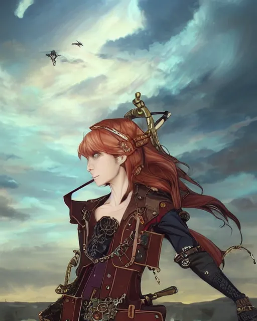 Image similar to a beautiful half body 2D illustration of a young female steampunk pirate wearing leather armor on gold and red trimmings on green, by Charlie Bowater, tom bagshaw, Artgerm and Lois Van Baarle, beautiful anime face, very cool pose, pirate ship with an epic sky background, slightly smiling, cinematic anime lighting and composition, fantasy painting, very detailed, ornate, trending on artstation and pinterest, deviantart, google images