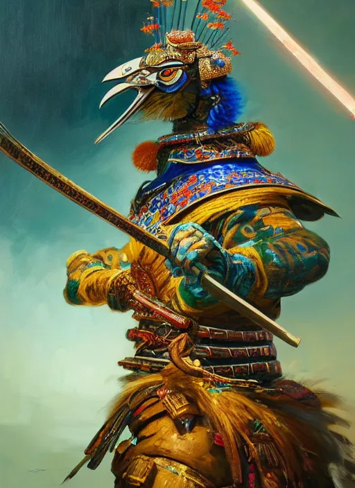 Prompt: Peacock Samurai, extremly detailed oil painting, in the style of Fenghua Zhong and Ruan Jia and RHADS, rim light, beautiful lighting, 8k, stunning scene, raytracing, octane, trending on artstation